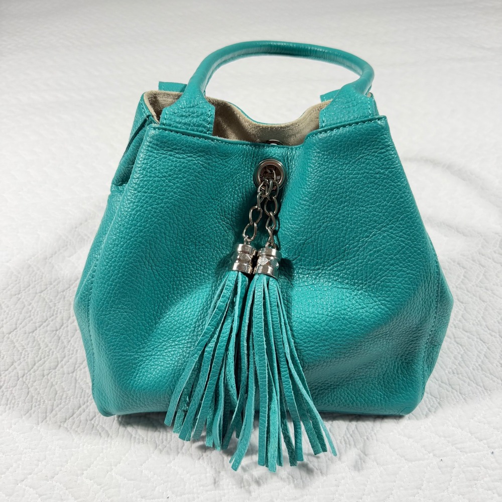 Reversible Pebbled Genuine
Leather Bucket Bag Teal & Grey 2-in-1 Tassel Tote